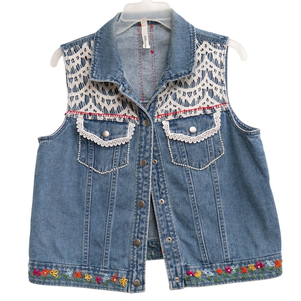 Blue Denim Vest VTG 90s Lace Trim Embroidery Boho CottageCore Western Artsy Y2K - Picture 1 of 8
